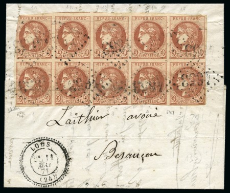 Stamp of France 1870 Exceptionnel bloc de 10 du 2c Bordeaux sur lettre