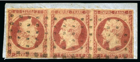 Stamp of France 1F Empire TETE-BECHE dans une bande de trois, oblitéré gros points sur petit fragment, réparé, très rare, l'une des 4 ou 5 pièces connues