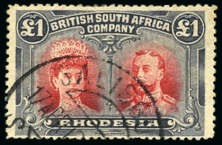 Stamp of Rhodesia 1910-13 Double Head £1 rose-scarlet and bluish, used