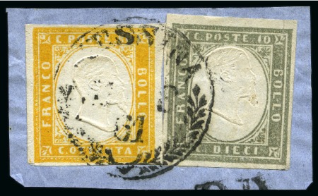 Stamp of Italian States » Sardinia Sardinia 1855-1863 10C+80C fragment w. Sicily cancel MESSINA