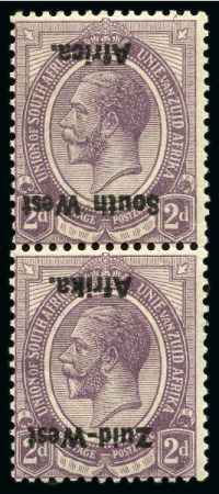 Stamp of South West Africa 1923 2d dull purple, mint, vertical se-tenant pair showing INVERTED OVPT