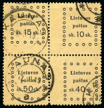 Stamp of Lithuania 1919 15sk +20sk +50sk +40sk in block of four cancelled by KAUNAS