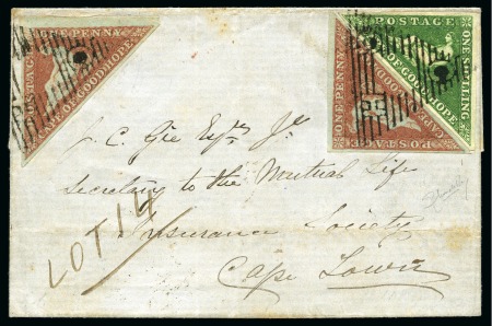 Stamp of South Africa » Cape of Good Hope 1853 1d pale brick-red, two singles & 1855-58 1s bright yellow-green