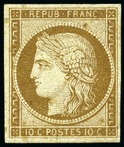 Stamp of France 1849 Cérès 10c bistre-jaune, neuf avec gomme non originale,