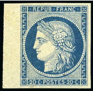 Stamp of France 1849 Cérès 20c bleu sur jaune bord de feuille, NON EMIS, neuf sans gomme, TB, rare