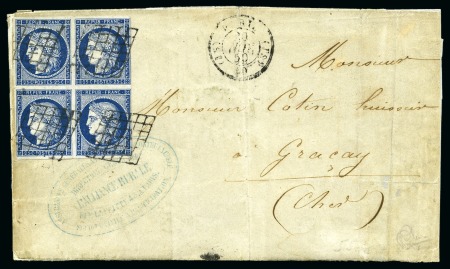 Stamp of France 1849 Cérès 25c bleu en bloc de 4 bien margé sur lettre