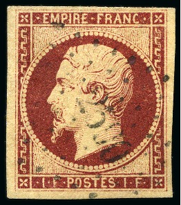 Stamp of France 1F Empire carmin foncé, obl. PC 2590 du Puy en Velay, TB, signé Calves, cert. Roumet