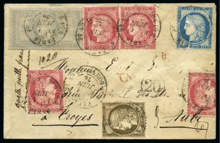 Stamp of France 5F Empire +Yv. 56 +57 (x4) +60 obl. càd Paris 01.06.1876 sur lettre chargée (descriptif au dos) pour Troyes
