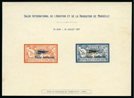 Stamp of France » Poste Aérienne 1927 Salon de Marseille, Yv. 1 et 2 sur une épreuve de luxe collective, TB, rare, signé Calves  (Yv. € 3'000)