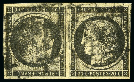 Stamp of France 1849 20c noir sur jaune en paire TETE-BECHE, obl., TB, signé Calves, cert. Renon (Yv. € 8'000)