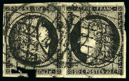 Stamp of France 1849 20c noir sur blanc en paire TETE-BECHE, obl. grille et càd de février 1849, TB, signé A.Brun, Calves, cert. Cérès (Yv. € 9'000)