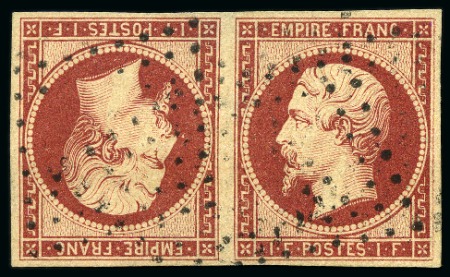 Stamp of France 1F Empire, réimpression en paire TETE-BECHE, fausse oblitération, aminci sinon bel aspect, cert. Roumet (Yv. € 40'000)