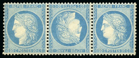 Stamp of France 1870 20c Siège, bleu sur papier jaunâtre en TETE-BECHE dans une bande de trois, neuf sans charnière, TB, très rare ainsi, signé Calves