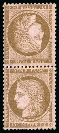 Stamp of France Cérès 10c brun sur rose en paire TETE-BECHE, neuf avec charnière, TB, rare, signé Calves, cert. Calves (Yv. € 8'000)