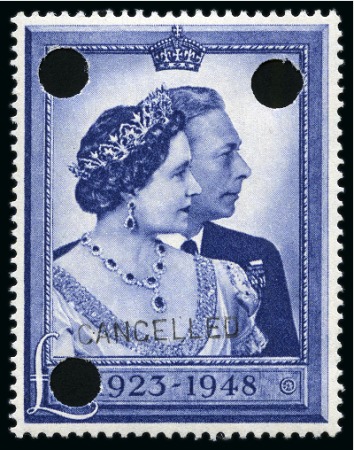 Stamp of Great Britain » King George VI 1948 Silver Wedding £1 with CANCELLED ovpt and three punch holes