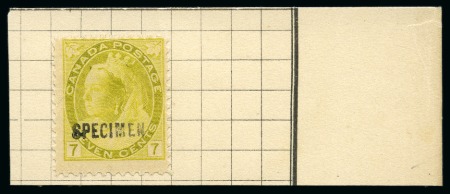 Stamp of Canada 1898 7c Greenish Yellow with SPECIMEN ovpt on piece taken from a page from the Tunisia Post Office specimen archive
