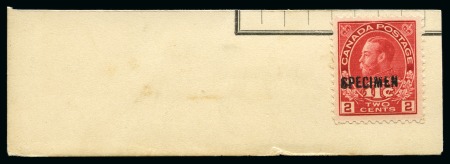 Stamp of Canada 1916 War Tax 2c+1c die I with SPECIMEN ovpt on piece taken from a page from the Tunisia Post Office specimen archive