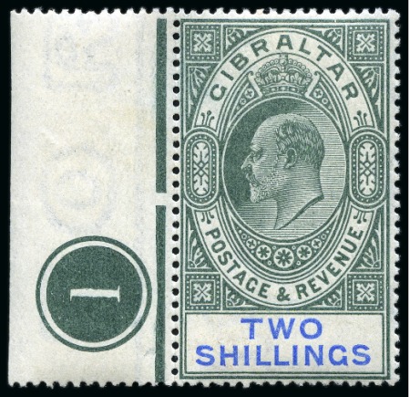 Stamp of Gibraltar 1903 CA 2s green and blue, mint marginal with control