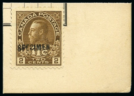 Stamp of Canada 1916 War Tax 8c+1c die II with SPECIMEN ovpt on piece taken from a page from the Tunisia Post Office specimen archive