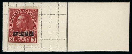 Stamp of Canada 1922-31 3c Admiral die II with SPECIMEN ovpt on piece taken from a page from the Tunisia Post Office specimen archive