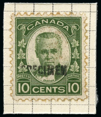 Stamp of Canada 1931 Cartier 10c olive-green with SPECIMEN ovpt on piece taken from a page from the Tunisia Post Office specimen archive
