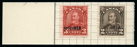 Stamp of Canada 1935 2c Brown & 3c Scarlet with SPECIMEN ovpt on piece taken from a page from the Tunisia Post Office specimen archive