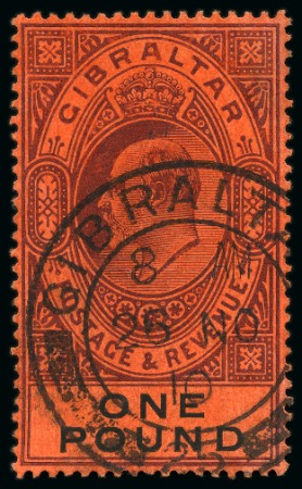 Stamp of Gibraltar 1904-08 MCA £1 deep purple and black on red, used