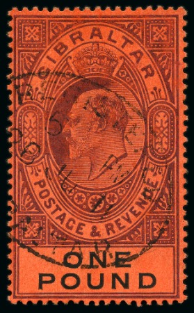Stamp of Gibraltar 1904-08 MCA £1 deep purple and black on red, used
