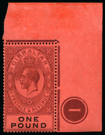 Stamp of Gibraltar 1912-24 MCA £1 deep purple and black on red, mint