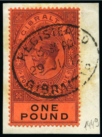 Stamp of Gibraltar 1912-24 MCA £1 deep purple and black on red, used