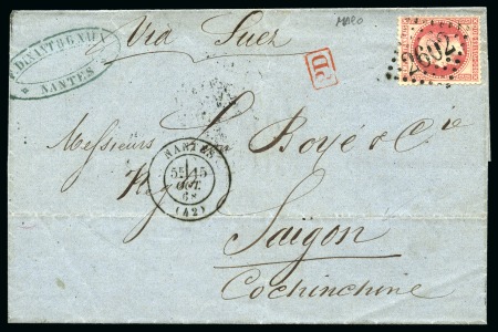 Stamp of France 80c Lauré obl. GC 2602 sur lettre de Nantes 15.10.1868 pour la Cochinchine avec càd d'arrivée Saigon 23.11.68 Cochinchine, TB, rare