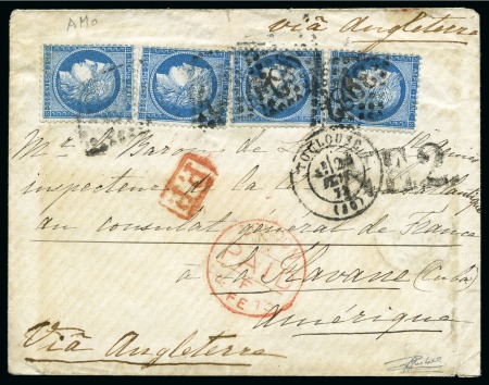 Stamp of France 80c Lauré obl. GC 2602 sur lettre de Nantes 15.10.1868 pour la Cochinchine avec càd d'arrivée Saigon 23.11.68 Cochinchine, TB, rare