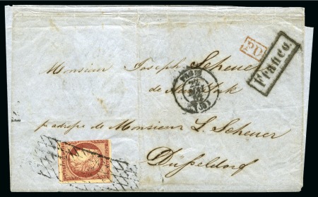 Stamp of France 1849 1F carmin 3 belles marges, obl. grille sans fin sur lettre de Paris 22.05.1852 pour Düsseldorf, FRANCO encadré, PD rouge, transit Aachen et arrivée au dos, B, rare