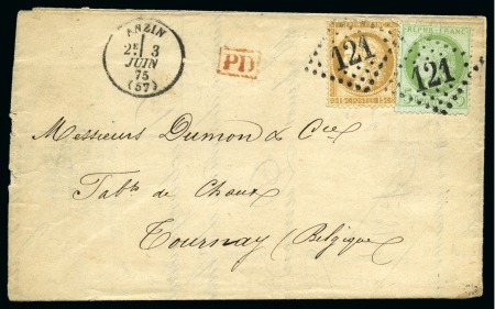 Stamp of France Lettre en tarif FRONTALIER d'Anzin 03.06.1875 pour Tournai en Belgique avec 5c + 15c Cérès obl. GC 121, PD rouge, arr. au dos, TB, signé Roumet