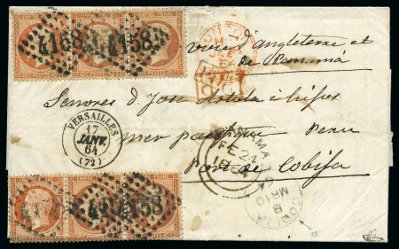 Stamp of France 1862 40c Empire dentelé en deux bandes de trois obl. GC 4158 sur lettre de Versailles 17.01.1864 pour la Bolivie, qq déf., signé Brun