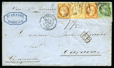 Stamp of France 1874 Lettre pour le VENEZUELA avec 40c Siège (x2) +5c Cérès +15c Cérès obl. GC sur lettre de Bordeaux 