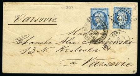 Stamp of France 25c Cérès x2 obl. GC 532 sur enveloppe de Bordeaux 1874 pour Varsovie en Pologne