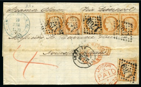Stamp of France 40c Siège x6 obl. GC 1769 sur lettre du Havre 23.06.1873 pour la Nouvelle Orléans aux Etats-Unis