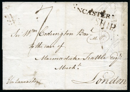 Stamp of Great Britain » Postal History » Pre-Adhesive & Stampless 1791 Cover from Antigua with s/l LANCASTER with SHIP alongside