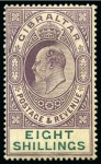 Stamp of Gibraltar 1906-11 MCA 2s purple and bright blue on blue, mint (48) and used (33), 4s black and carmine, mint (32), 8s purple and green, mint (7)