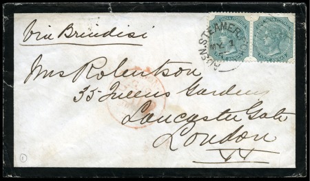 Stamp of Aden 1873 with 4a pair tied by Aden Steamer Point duplex