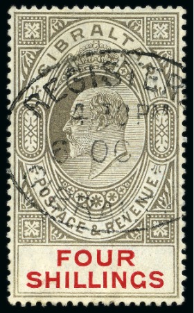 Stamp of Gibraltar 1906-11 MCA 4s black and carmine, used