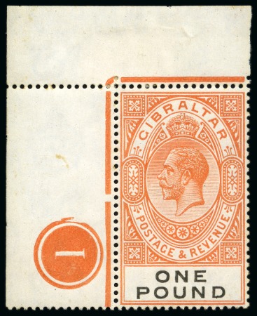 Stamp of Gibraltar 1925-32 Script £1 red-orange and black, mint top left