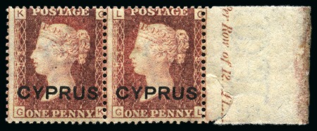 Stamp of Cyprus » Overprinted Stamps of Great Britain 1880 1d Red plate 193 mint og right marginal pair with inscription