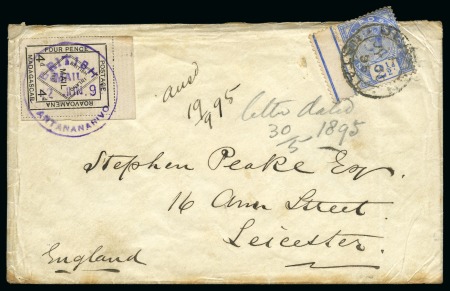 Stamp of Madagascar (British Post) 1895 Cover franked British Inland Mail 4d tied by violet BRITISH MAIL ANTANARIVO cds