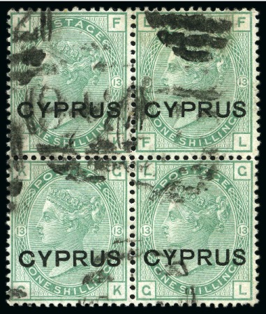 Stamp of Cyprus » Overprinted Stamps of Great Britain 1880 1s Green used block of four with "942" numerals