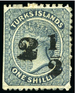 Stamp of Turks and Caicos Islands 1881 2 1/2 on 1s dull blue, unused with part gum