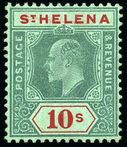 Stamp of St. Helena 1908-11 MCA 10s green and red on green, mint, fine