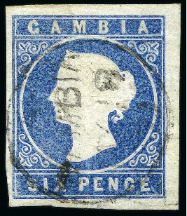 Stamp of Gambia 1869-72 Cameo 6d blue, no wmk, imperforate, used