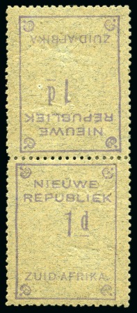Stamp of South Africa » New Republic 1887 1d violet on blue granite paper, mint vertical TETE-BECHE pair and bottom stamp shows inverted arms